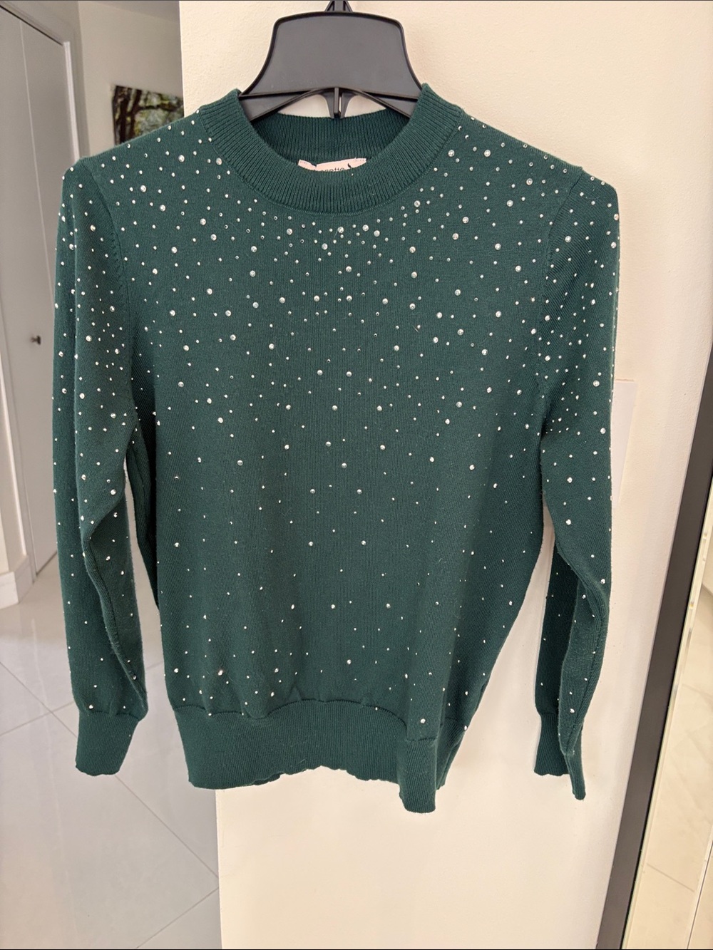 Nanette Lepore Dark Green Crewneck Sweater with Crystal Dots